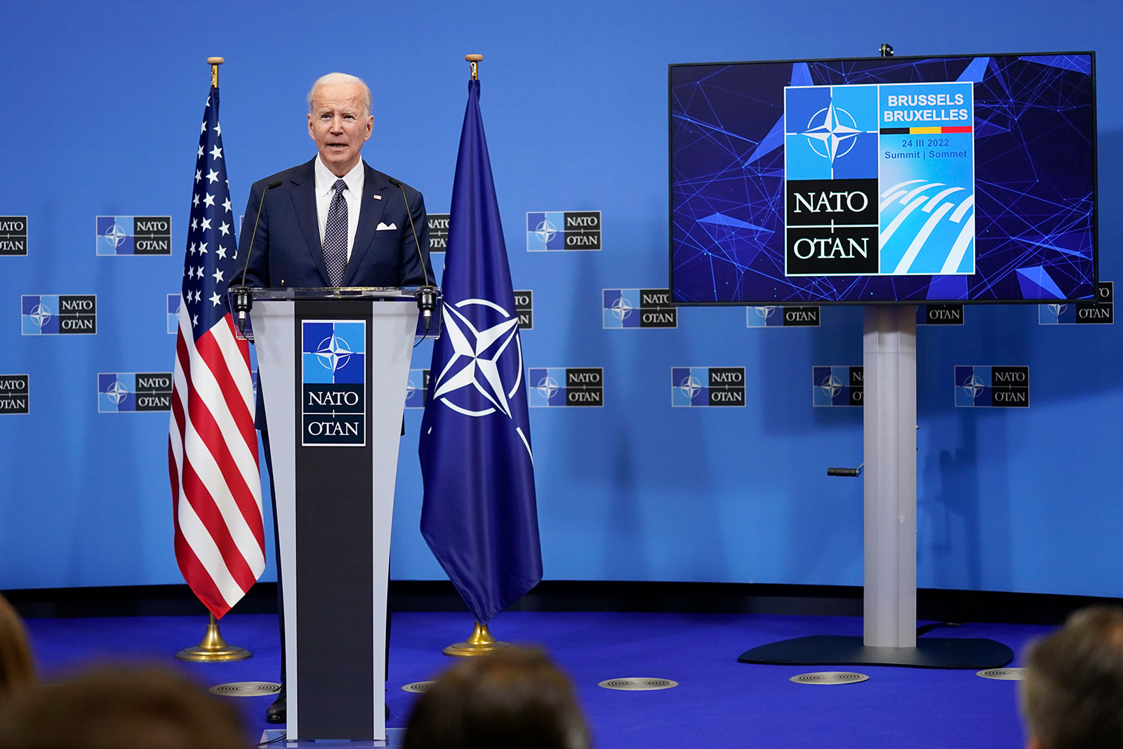 US President Joe Biden speaks about the Russian invasion of Ukraine during a news conference after a NATO summit