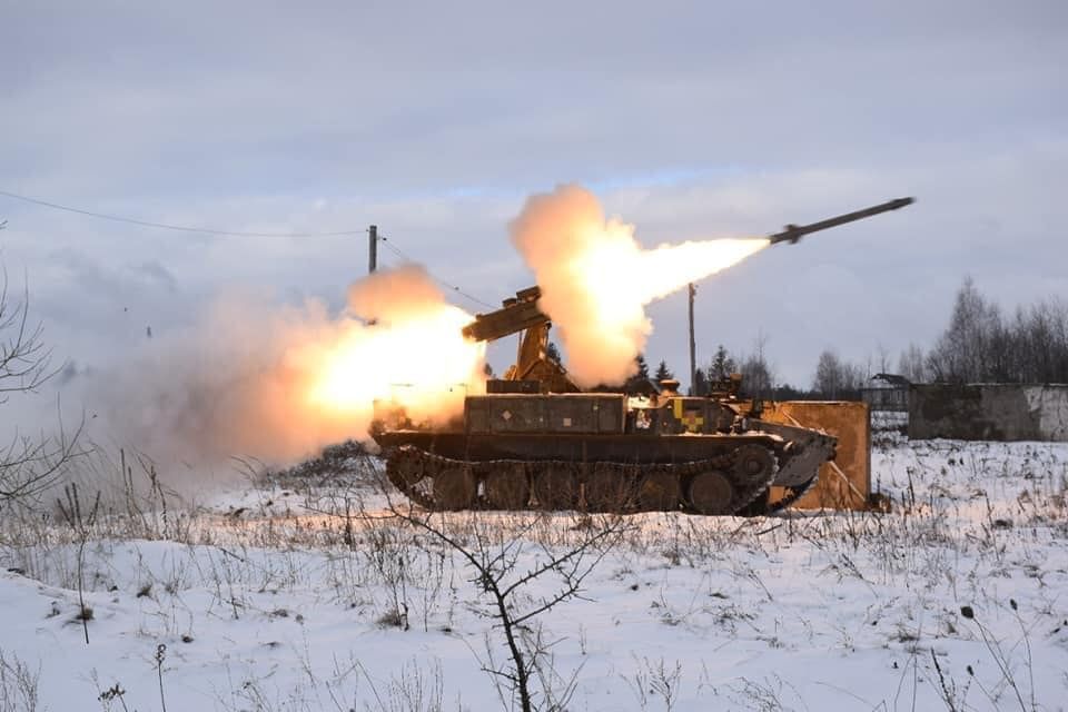 A Strela-10 anti-aircraft missile system of the Ukrainian Armed Forces fires during anti-aircraft military drills