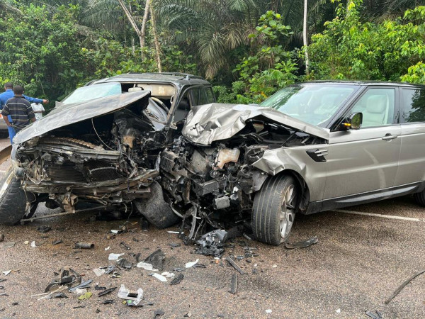 Andre Onana's car following an accident on the Douala-Yaounde Highway. PHOTO/COURTESY