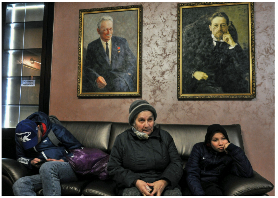 Residents from Mariupol, Ukraine wait for refugee accommodations in the Rostov region of Russia on March 16. (Arkady Budnitsky/EPA-EFE/Shutterstock)