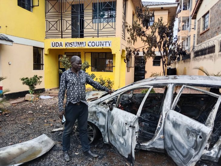 Wreckage of car burnt during protests. PHOTO/Courtesy