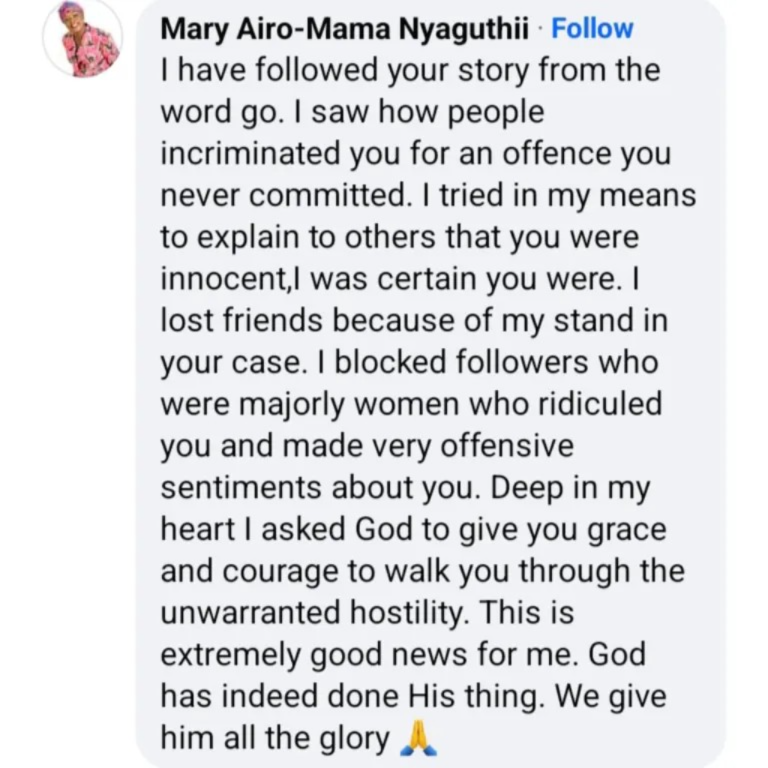 Mama Nyaguthii’s comment on Ruth Matete’s post. Screengrab/Ruth Matete